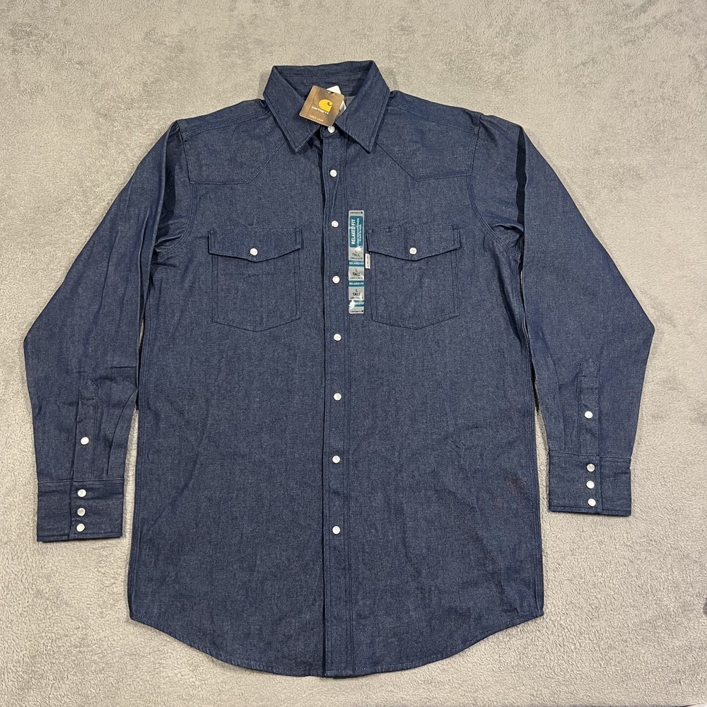 Carhartt Ironwood Work Shirt Mens Large Tall Western Pearl Snap Blue Denim New